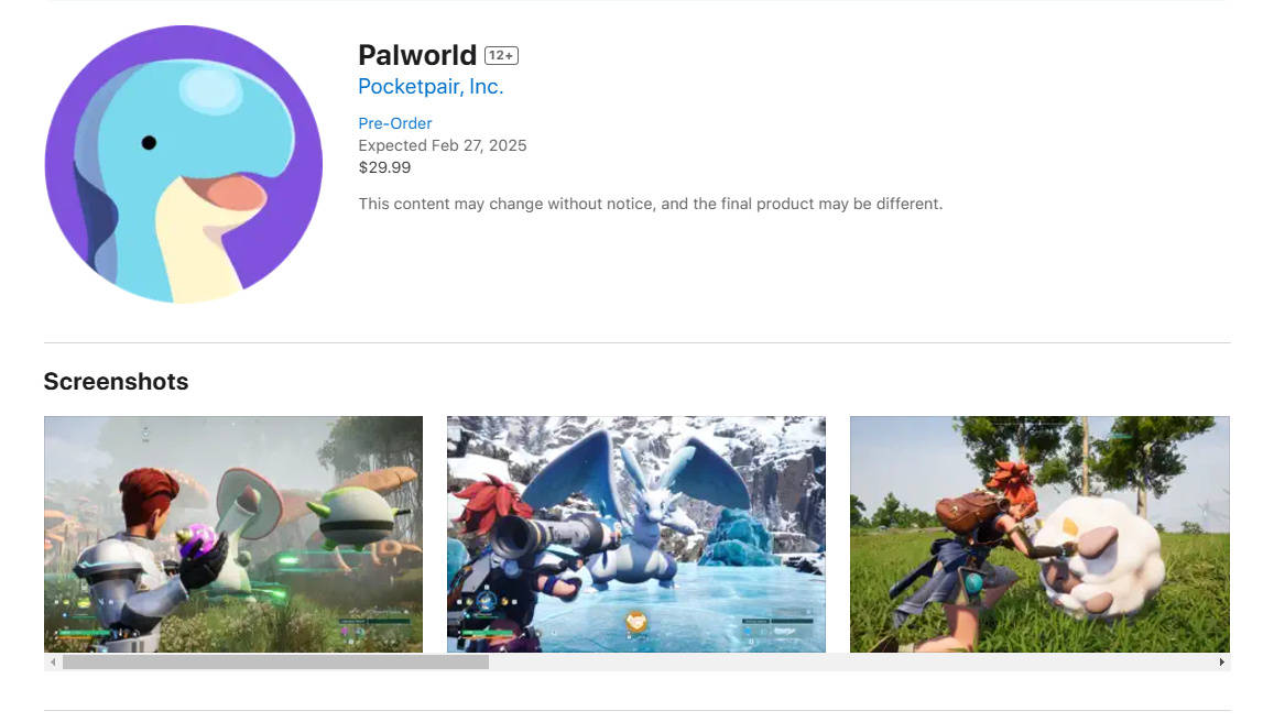 《幻兽帕鲁》Mac版延期发售